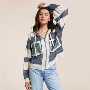 POL Crochet Hooded Jacket Blue White S